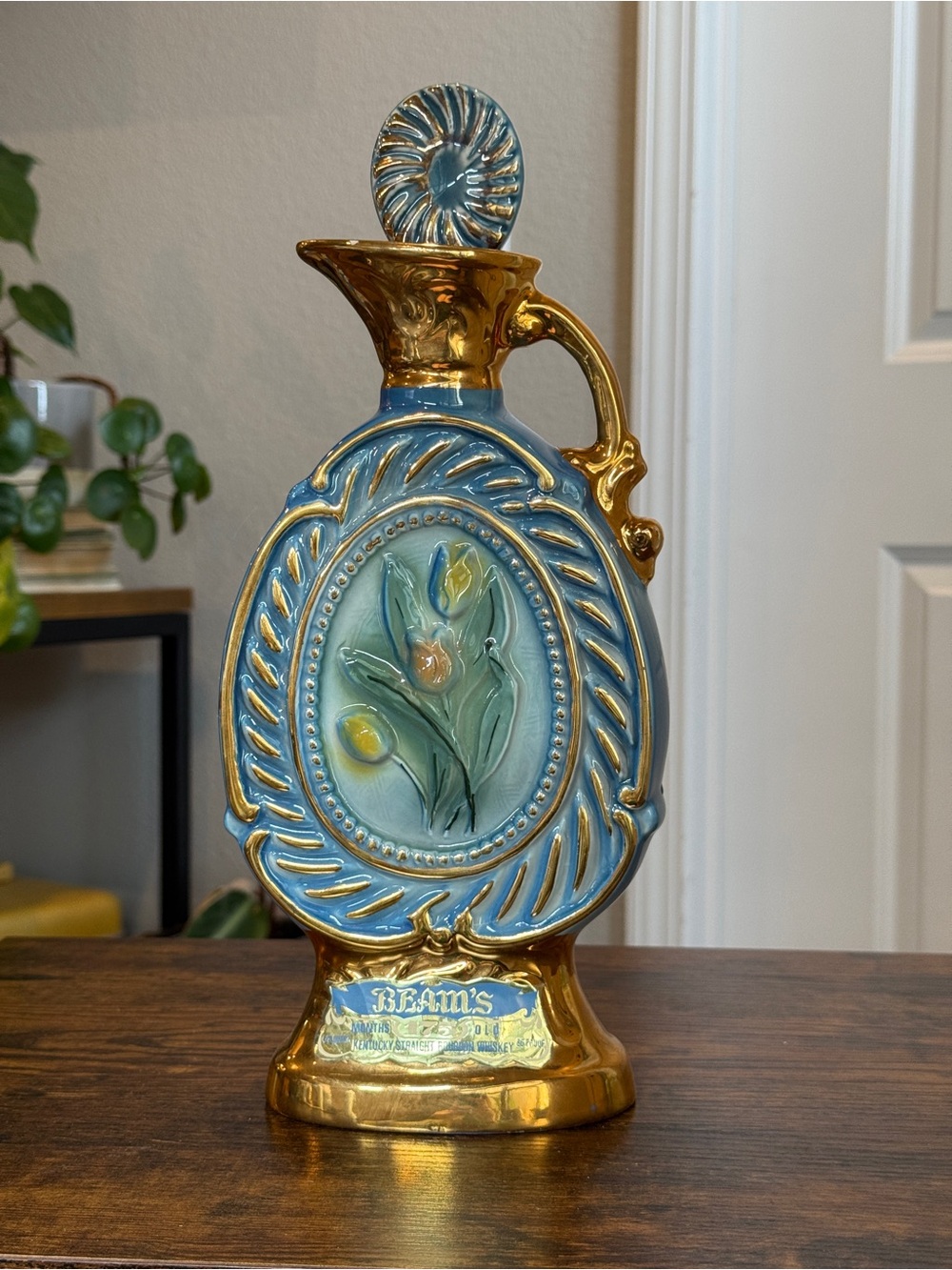 Vintage 1973 Jim Beam Tulip Pitcher Whiskey Decanter Bottle Gold Trim
